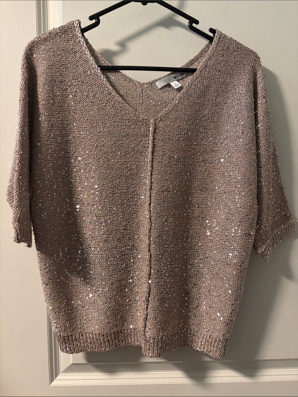 WD.NY Sequin-Embellished V-Neck Short Sleeve Sweater in Taupe